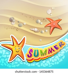 Summer beach with starfish and sea shells