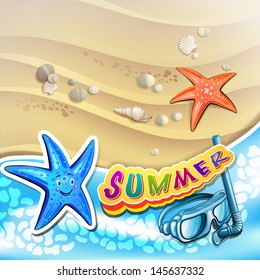 Summer beach with starfish and sea shells
