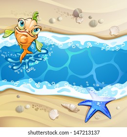 Playa de verano con estrellas de mar, conchas y peces