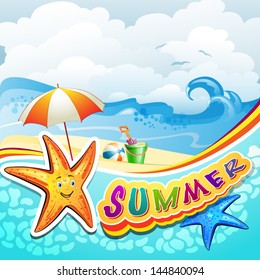 Summer beach with starfish and toys