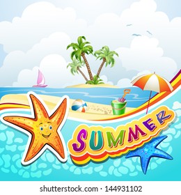 Summer beach with starfish and toys
