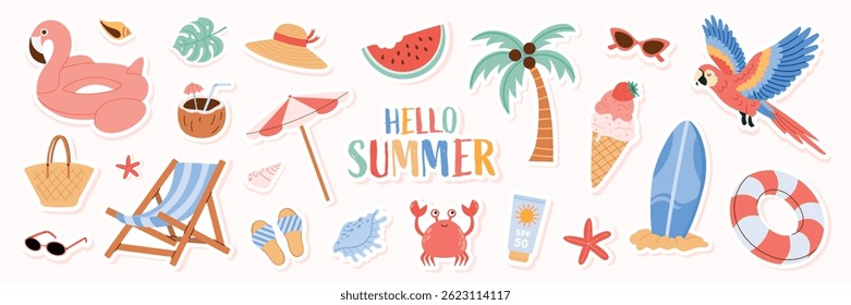 Summer beach sticker set with cute tropical elements. Vector illustrations of flamingo float, palm tree, sunglasses, ice cream, surfboard, crab, hat, and beach accessories in flat cartoon style.