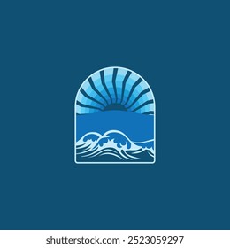 Summer beach sticker with a surfer theme. Emblem with sea wave surfboard and palm tree. Sticker or label or t-shirt print, emblem.
