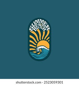 Summer beach sticker with a surfer theme. Emblem with sea wave surfboard and palm tree. Sticker or label or t-shirt print, emblem.
