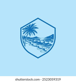 Adesivo de praia de verão com um tema de surfista. Emblema com prancha de surf de ondas do mar e palmeira. Etiqueta ou etiqueta ou impressão de t-shirt, emblema.
