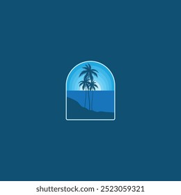 Summer beach sticker with a surfer theme. Emblem with sea wave surfboard and palm tree. Sticker or label or t-shirt print, emblem.
