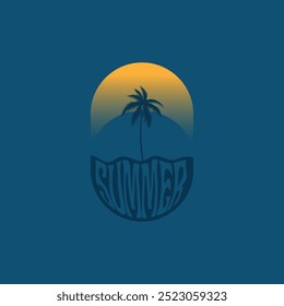 Summer beach sticker with a surfer theme. Emblem with sea wave surfboard and palm tree. Sticker or label or t-shirt print, emblem.
