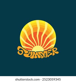 Summer beach sticker with a surfer theme. Emblem with sea wave surfboard and palm tree. Sticker or label or t-shirt print, emblem.
