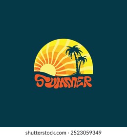 Summer beach sticker with a surfer theme. Emblem with sea wave surfboard and palm tree. Sticker or label or t-shirt print, emblem.
