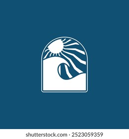 Summer beach sticker with a surfer theme. Emblem with sea wave surfboard and palm tree. Sticker or label or t-shirt print, emblem.
