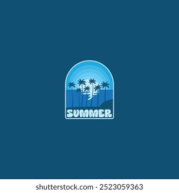 Summer beach sticker with a surfer theme. Emblem with sea wave surfboard and palm tree. Sticker or label or t-shirt print, emblem.
