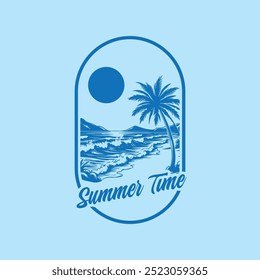 Summer beach sticker with a surfer theme. Emblem with sea wave surfboard and palm tree. Sticker or label or t-shirt print, emblem.
