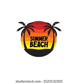 Summer beach sticker with a surfer theme. Emblem with sea wave surfboard and palm tree. Sticker or label or t-shirt print, emblem.
