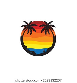 Summer beach sticker with a surfer theme. Emblem with sea wave surfboard and palm tree. Sticker or label or t-shirt print, emblem.
