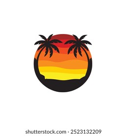 Summer beach sticker with a surfer theme. Emblem with sea wave surfboard and palm tree. Sticker or label or t-shirt print, emblem.
