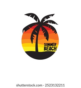 Summer beach sticker with a surfer theme. Emblem with sea wave surfboard and palm tree. Sticker or label or t-shirt print, emblem.
