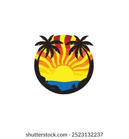 Summer beach sticker with a surfer theme. Emblem with sea wave surfboard and palm tree. Sticker or label or t-shirt print, emblem.
