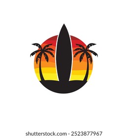 Summer beach sticker with a surfer theme. Emblem with sea wave surfboard and palm tree. Sticker or label or t-shirt print, emblem.
