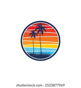 Summer beach sticker with a surfer theme. Emblem with sea wave surfboard and palm tree. Sticker or label or t-shirt print, emblem.
