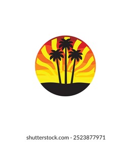 Summer beach sticker with a surfer theme. Emblem with sea wave surfboard and palm tree. Sticker or label or t-shirt print, emblem.
