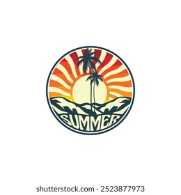 Summer beach sticker with a surfer theme. Emblem with sea wave surfboard and palm tree. Sticker or label or t-shirt print, emblem.
