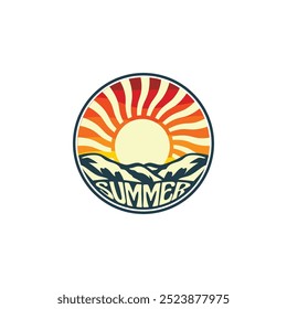 Summer beach sticker with a surfer theme. Emblem with sea wave surfboard and palm tree. Sticker or label or t-shirt print, emblem.
