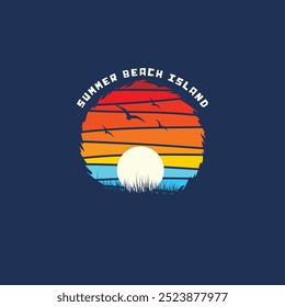 Summer beach sticker with a surfer theme. Emblem with sea wave surfboard and palm tree. Sticker or label or t-shirt print, emblem.
