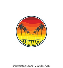 Summer beach sticker with a surfer theme. Emblem with sea wave surfboard and palm tree. Sticker or label or t-shirt print, emblem.
