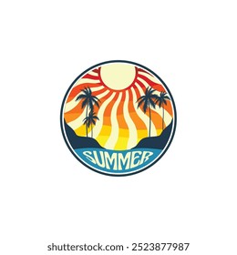 Summer beach sticker with a surfer theme. Emblem with sea wave surfboard and palm tree. Sticker or label or t-shirt print, emblem.
