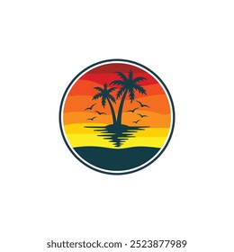 Summer beach sticker with a surfer theme. Emblem with sea wave surfboard and palm tree. Sticker or label or t-shirt print, emblem.
