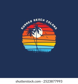 Summer beach sticker with a surfer theme. Emblem with sea wave surfboard and palm tree. Sticker or label or t-shirt print, emblem.
