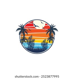 Summer beach sticker with a surfer theme. Emblem with sea wave surfboard and palm tree. Sticker or label or t-shirt print, emblem.

