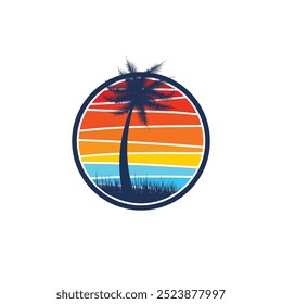 Summer beach sticker with a surfer theme. Emblem with sea wave surfboard and palm tree. Sticker or label or t-shirt print, emblem.
