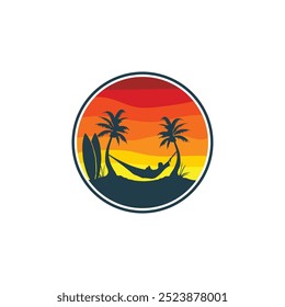 Summer beach sticker with a surfer theme. Emblem with sea wave surfboard and palm tree. Sticker or label or t-shirt print, emblem.
