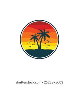 Summer beach sticker with a surfer theme. Emblem with sea wave surfboard and palm tree. Sticker or label or t-shirt print, emblem.
