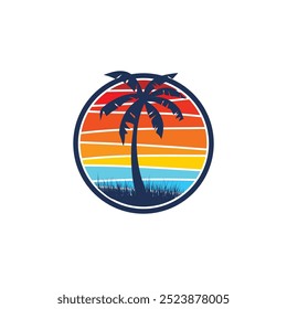 Summer beach sticker with a surfer theme. Emblem with sea wave surfboard and palm tree. Sticker or label or t-shirt print, emblem.
