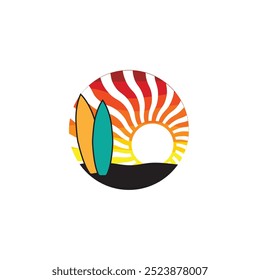 Summer beach sticker with a surfer theme. Emblem with sea wave surfboard and palm tree. Sticker or label or t-shirt print, emblem.
