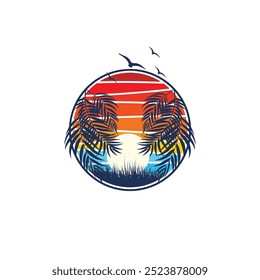 Summer beach sticker with a surfer theme. Emblem with sea wave surfboard and palm tree. Sticker or label or t-shirt print, emblem.
