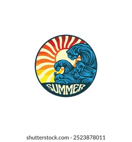 Summer beach sticker with a surfer theme. Emblem with sea wave surfboard and palm tree. Sticker or label or t-shirt print, emblem.
