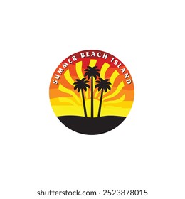 Summer beach sticker with a surfer theme. Emblem with sea wave surfboard and palm tree. Sticker or label or t-shirt print, emblem.
