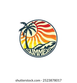 Adesivo de praia de verão com um tema de surfista. Emblema com prancha de surf de ondas do mar e palmeira. Etiqueta ou etiqueta ou impressão de t-shirt, emblema.
