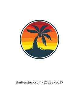 Summer beach sticker with a surfer theme. Emblem with sea wave surfboard and palm tree. Sticker or label or t-shirt print, emblem.
