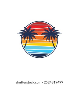 Summer beach sticker with a surfer theme. Emblem with sea wave surfboard and palm tree. Sticker or label or t-shirt print, emblem.
