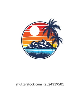 Summer beach sticker with a surfer theme. Emblem with sea wave surfboard and palm tree. Sticker or label or t-shirt print, emblem.
