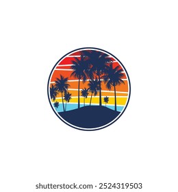 Summer beach sticker with a surfer theme. Emblem with sea wave surfboard and palm tree. Sticker or label or t-shirt print, emblem.
