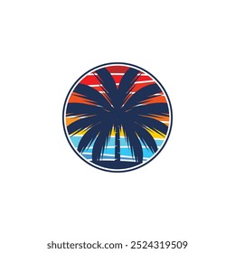 Summer beach sticker with a surfer theme. Emblem with sea wave surfboard and palm tree. Sticker or label or t-shirt print, emblem.
