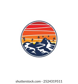 Adesivo de praia de verão com um tema de surfista. Emblema com prancha de surf de ondas do mar e palmeira. Etiqueta ou etiqueta ou impressão de t-shirt, emblema.
