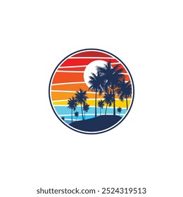 Summer beach sticker with a surfer theme. Emblem with sea wave surfboard and palm tree. Sticker or label or t-shirt print, emblem.
