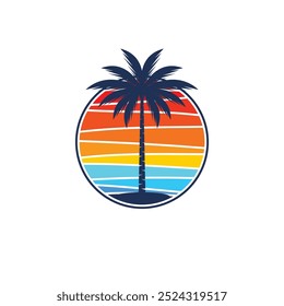 Adesivo de praia de verão com um tema de surfista. Emblema com prancha de surf de ondas do mar e palmeira. Etiqueta ou etiqueta ou impressão de t-shirt, emblema.
