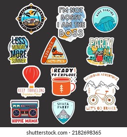 Summer beach stickers design bundle. Travel hand drawn emblems. Mountain outdoors labels collection. Stock vector explorer badges set